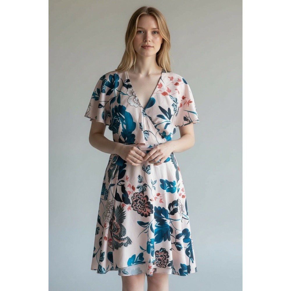 Eliza J Faux Wrap Dress Blush Floral Bird Print Midi Fairy Size 6 Garden‎ Party